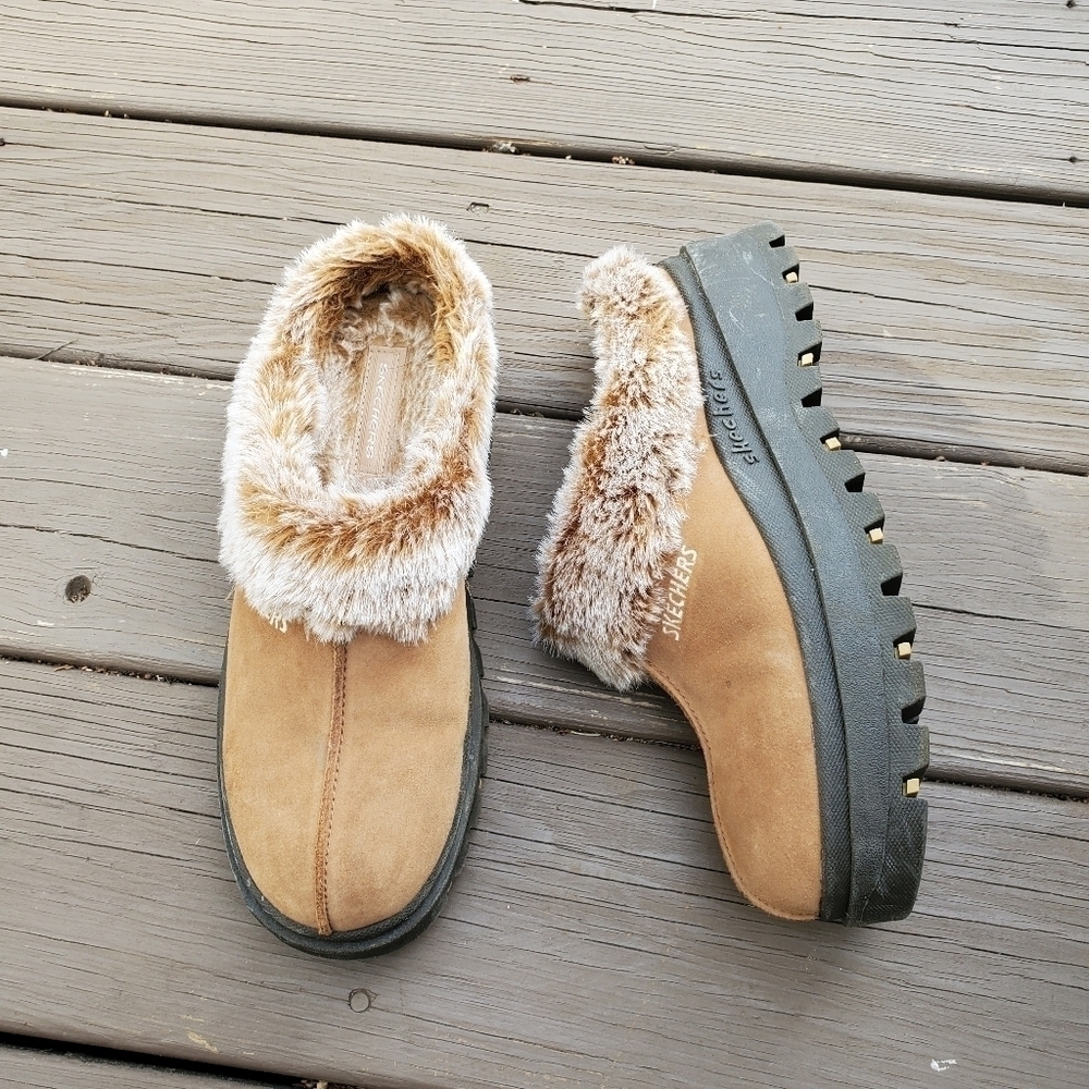 Vintage y2k Skechers‎ Shindig Fortress Tan Suede Faux Fur Platform Jammers Mules